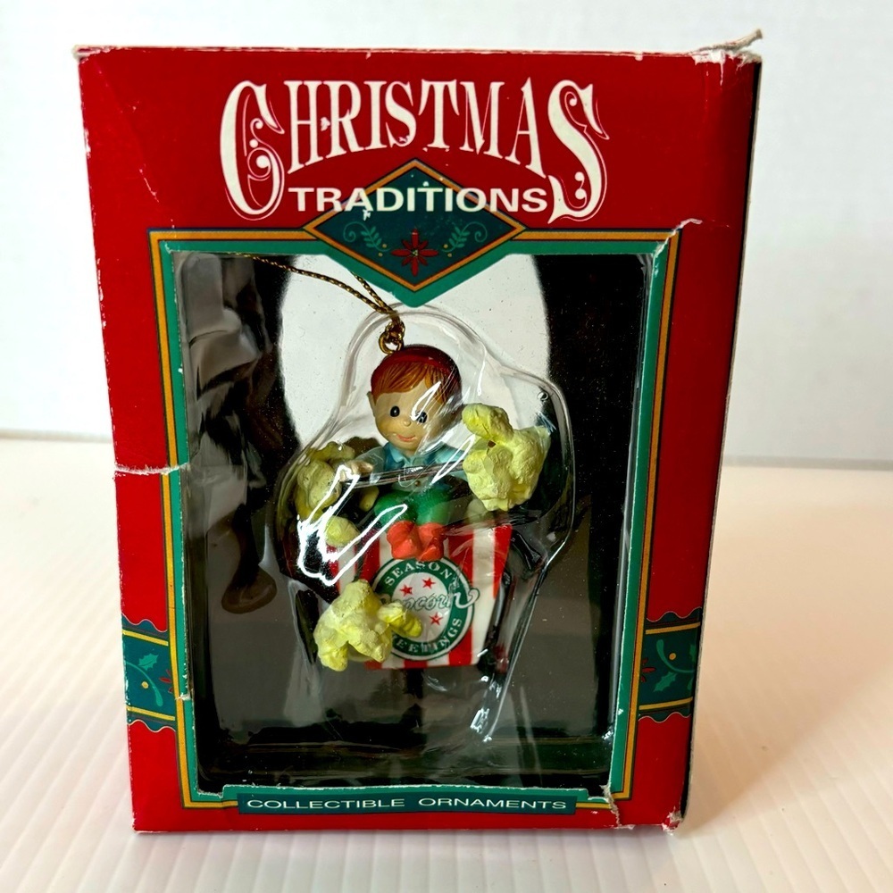 Lustre Fame Christmas Traditions “Kid In Popcorn Box” Ornament 1992